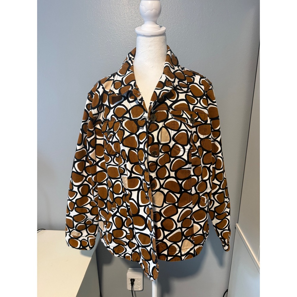Ruby Rd Woman Plus 20W Brown Geometric Pebble Print Cotton Denim Style Jacket